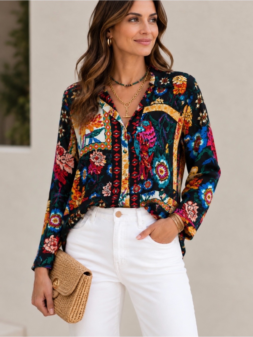 New🌺 $278 Johnny Was Audrey 100% Silk Blouse Floral Patchwork Button Front Top M